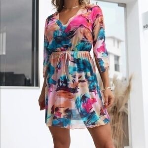 Multicolor Tie-Front V-Neck Coverup Beach Dress BRAND NEW